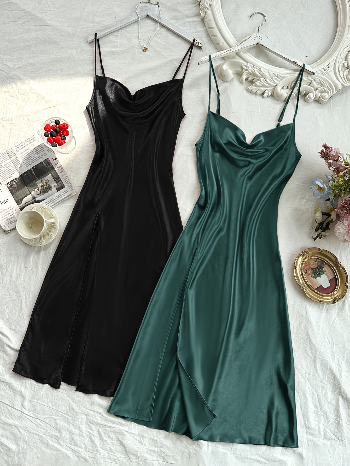 2 Pcs Women's Elegant Solid Satin Sleepwear Dress, Turtleneck Side Split Backless Midi Slip Dress, Comfortable Nightgown