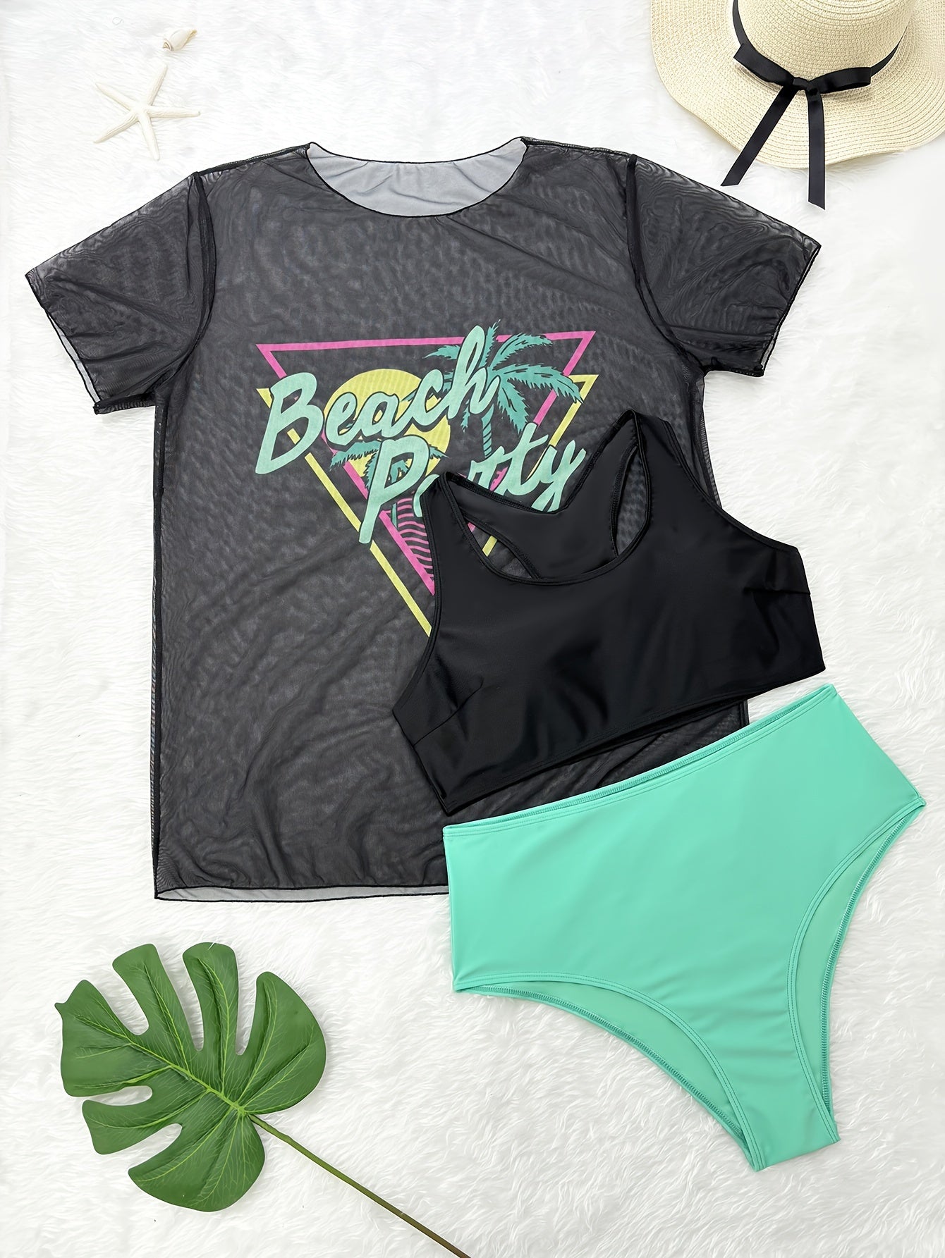 Plus Size Women's Tropical Print Bikini Set with Beach Cover-Up Dress - Stretchy, Comfortable 3pcs Swimsuit with Vibrant Palm Graphics, Includes Bra, High-Waisted Shorts & Tee for Vacation, High Waisted Bikini Set