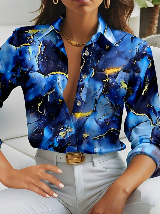 Elegant Women's Marble Print Business Blouse - Long Sleeve, Button-Up Shirt with Lapel Collar, Polyester Fabric, Blue & Golden Color Scheme, Perfect for Office or Casual Wear, Casual Elegant Top | Bold Aesthetic Top | Classic