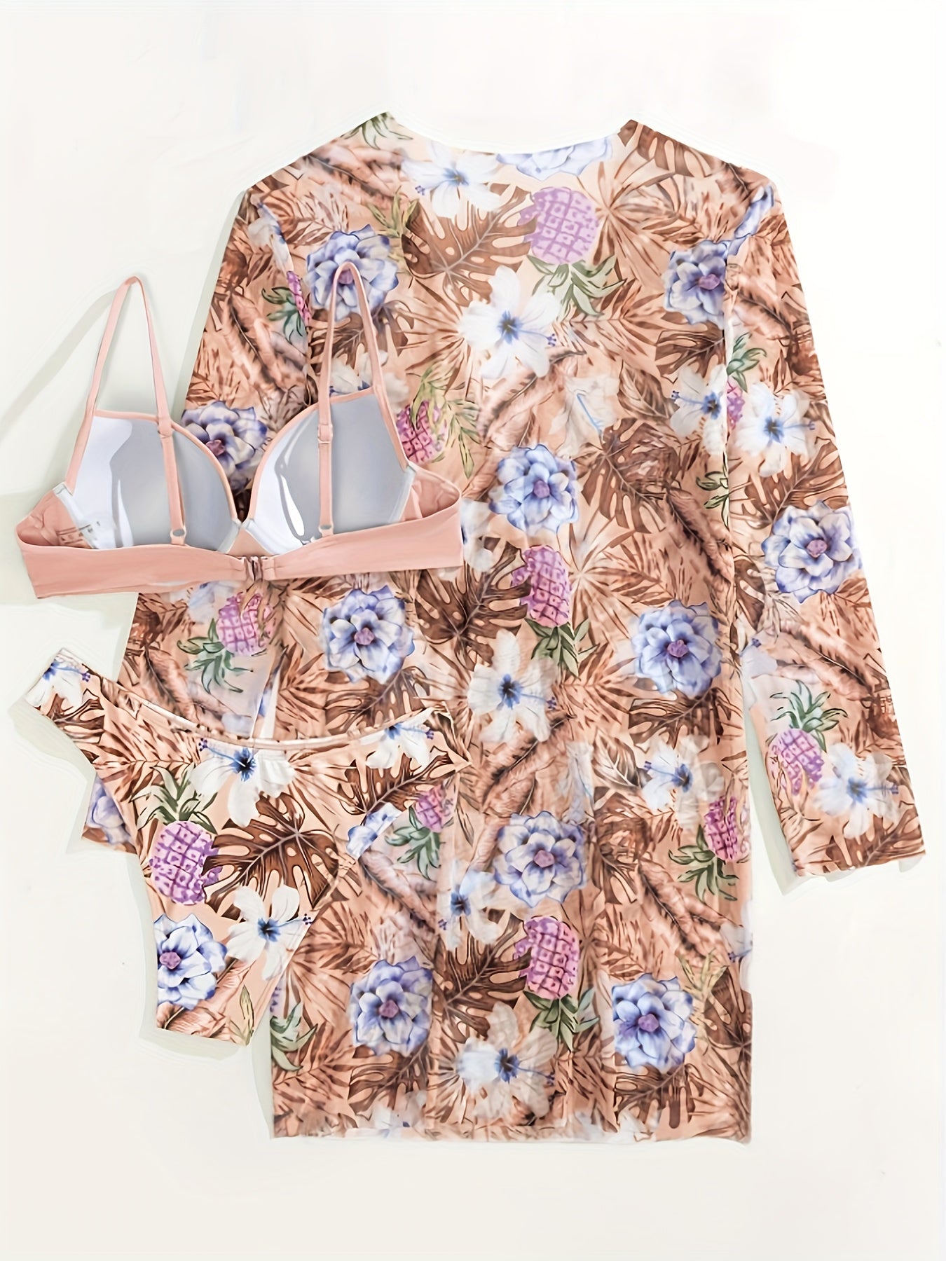 3-Piece Tropical Bikini Set with V-Neck & High-Cut Bottoms, Long Sleeve Cover-Up Shirt - Chic Summer Swimwear for Women, Perfect for Beach & Holiday