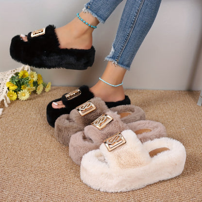 Women's Plush Slippers with Metallic Buckle - Thick Sole, Faux Furry Material, Black/Brown/Grey, Comfortable Indoor Shoes for All Seasons, House Slippers
