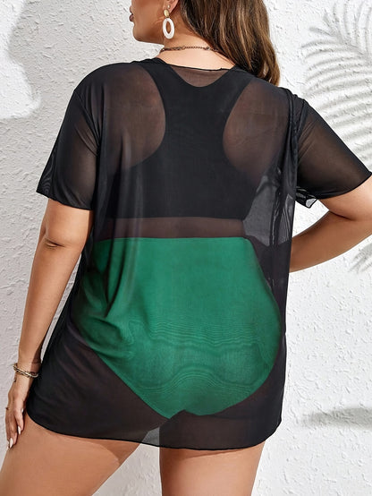 Plus Size Women's Tropical Print Bikini Set with Beach Cover-Up Dress - Stretchy, Comfortable 3pcs Swimsuit with Vibrant Palm Graphics, Includes Bra, High-Waisted Shorts & Tee for Vacation, High Waisted Bikini Set