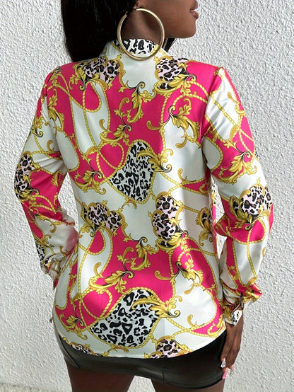 Graphic Print Button Front Blouse, Casual Long Sleeve Polo Collar Blouse For Spring & Summer, Women's Clothing
