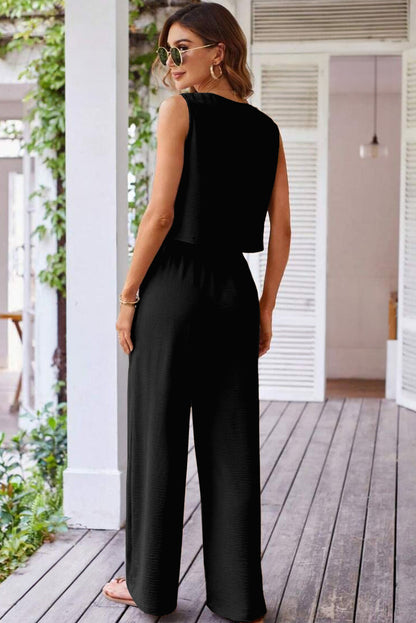 Black Buttoned Vest Drawstring Wide Leg Pants 2pcs Set