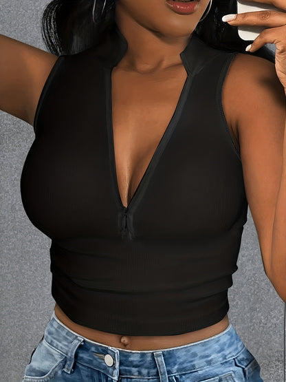 Ribbed Zip Decor Crop Top, Casual Solid Plunging Neck Tank Top For Summer, Women's Clothing