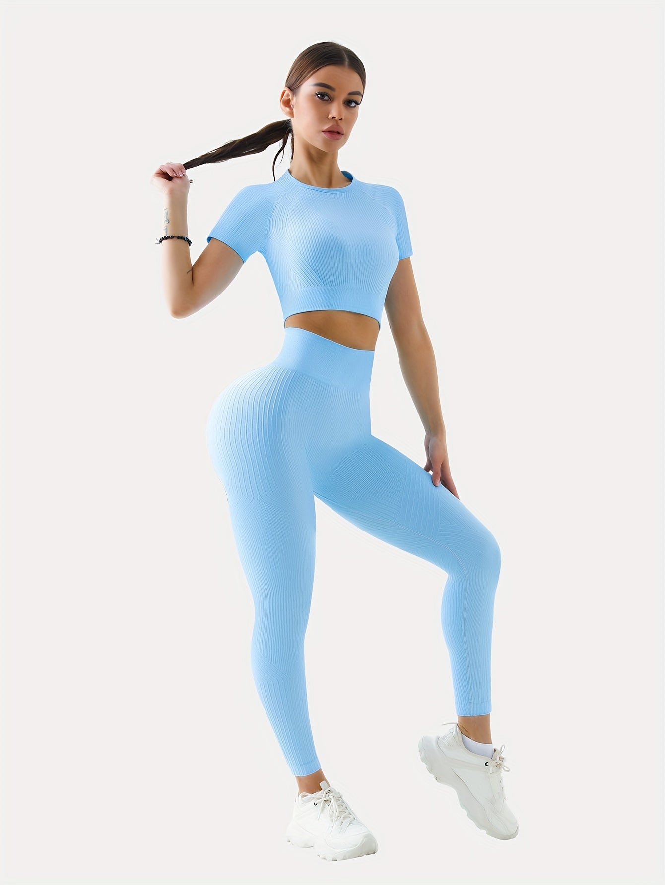 3 2-piece Sports Sets, Stretchy Crop Tops And Leggings, Women's Seamless High Elasticity Gym Yoga Outfits