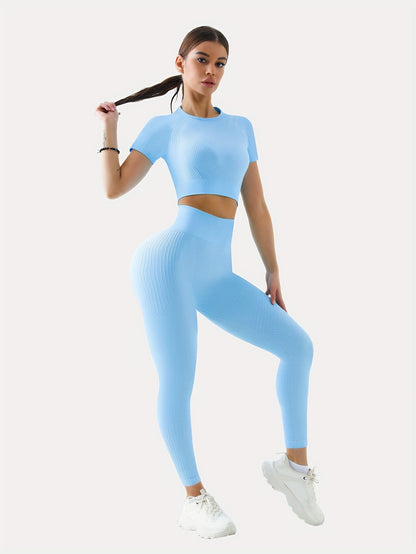 3 2-piece Sports Sets, Stretchy Crop Tops And Leggings, Women's Seamless High Elasticity Gym Yoga Outfits