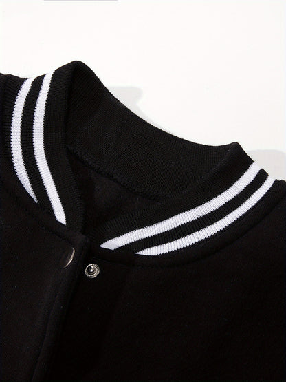 Chic NY-Inspired Women's Varsity Jacket - Elegant Black and White Baseball Uniform Style with Large "58.42cm & NYC Lettering, Striped Accents, Button Closure, Long Sleeves - Perfect for Spring & Autumn Casual Wear