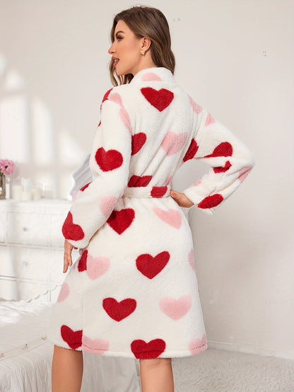 Elegant Heart Pattern Fleece Thickened Night Robe For Fall & Winter, Long Sleeve V Neck Robe With Belt, Women's Sleepwear & Dresses