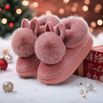 2025 Couples Slippers for Women & Men - Winter Warm Single Ball Design with Cute Rabbit-Ear Accents | Thick Sole Soft-Sole House Shoes | Cozy Solid-Color Indoor/Outdoor Slides | Lightweight Quiet Home Footwear