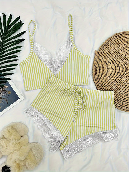Sultry Stripe Print Pajama Set - V Neck Backless Crop Cami Top & Mini Shorts - Comfortable Relaxed Fit, Soft Lace Trim, Breathable Fabric, Sleepwear for Women