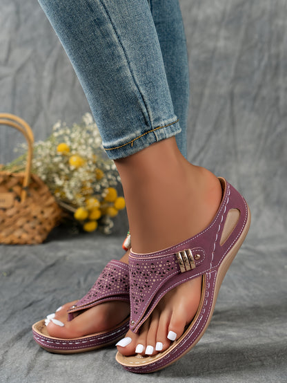 Stylish Cut-Out Thong Sandals - Soft Metallic Platform Wedge, Comfortable Beach Slides with Adjustable Straps, Vacation Essentials for Women