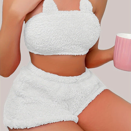 Sexy Solid Plush Lounge Set, Tube Crop Top & Elastic Shorts, Women's Loungewear for fall & winter