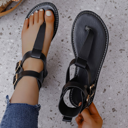 Women's Solid Color Thong Sandals, Buckle Belts Soft Sole Lightweight Casual Shoes, Non-slip Summer Beach Shoes
