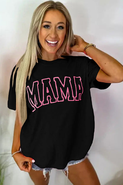 Black MAMA Letter Graphic Neon T Shirt