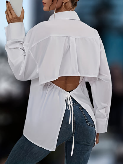 Chic Cut Out Blouse with Tied Detail - Flattering Long Sleeve Design for Spring & Fall - Versatile Womens Fashion Clothing