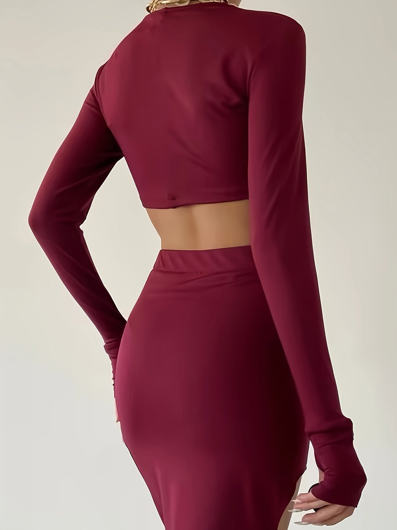 Sexy Two-Piece Outfit Set - Long Sleeve Crew Neck Slim Fit Crop Top & High Waist Asymmetrical Split Thigh Skirt - Women's Comfortable Bodycon Clothing for Daily Wear, Party, Date Night, and Special Occasions