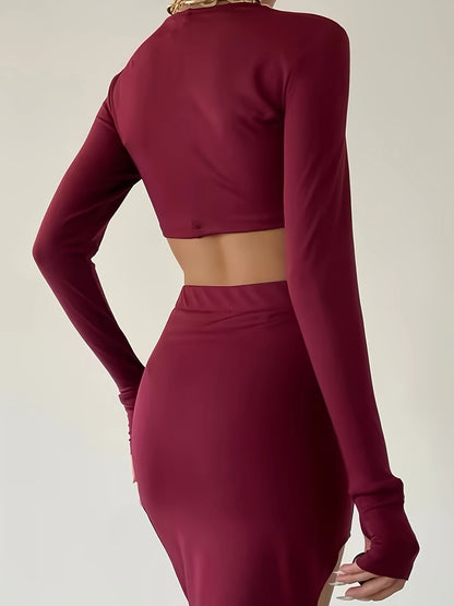 Sexy Two-Piece Outfit Set - Long Sleeve Crew Neck Slim Fit Crop Top & High Waist Asymmetrical Split Thigh Skirt - Women's Comfortable Bodycon Clothing for Daily Wear, Party, Date Night, and Special Occasions