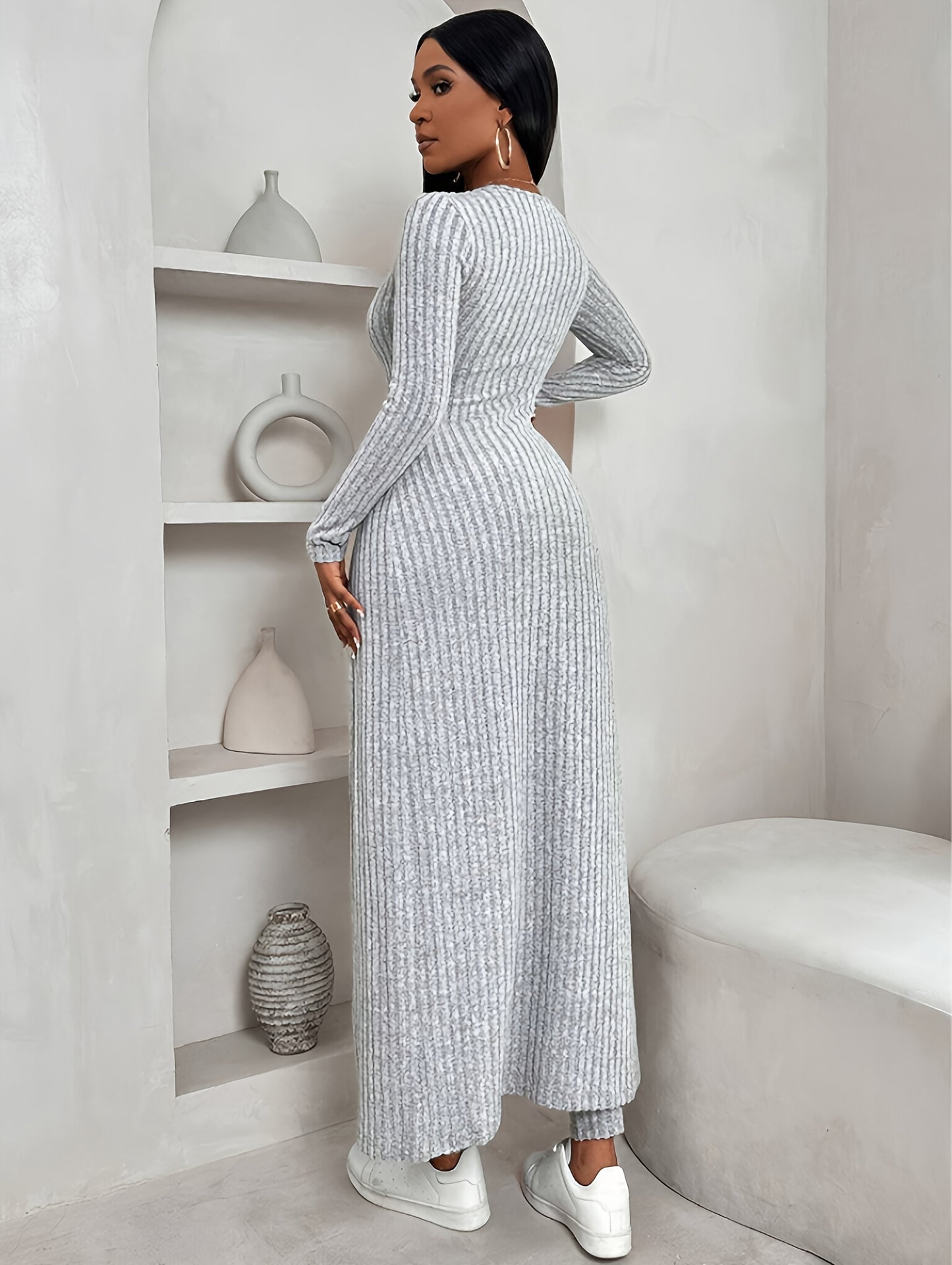 Chic Two-Piece Set for Women - Stylish Long Sleeve Crop Top & High-Waist Pants with Stretchy Polyester Fabric, Machine Washable, Comfortable, and Versatile for Daily Wear - Ideal for Office, Party, or Casual Outings