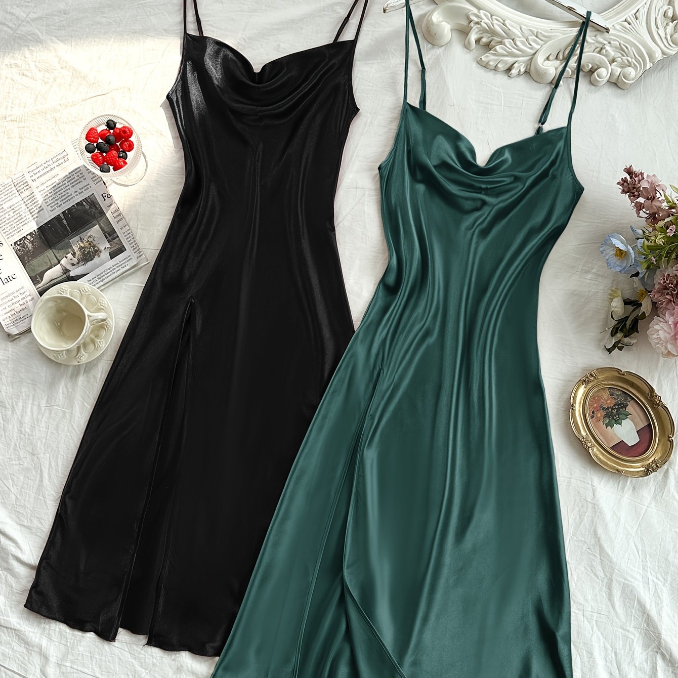 2 Pcs Women's Elegant Solid Satin Sleepwear Dress, Turtleneck Side Split Backless Midi Slip Dress, Comfortable Nightgown