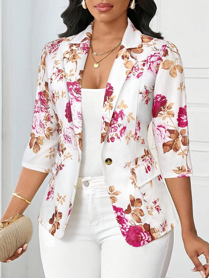 Women'S Floral Print Blazer - Elegant Office to Party Jacket, Structured Fit with Button Front Closure, Non-Stretch Fabric for Fall/Winter, Professional Women, Highquality Material, Work Attire, Fashion Lovers, Stylish Outerw