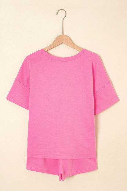 Bonbon V Neck Drop Shoulder Tee and Patchwork Drawstring Elastic Waistband Shorts Set