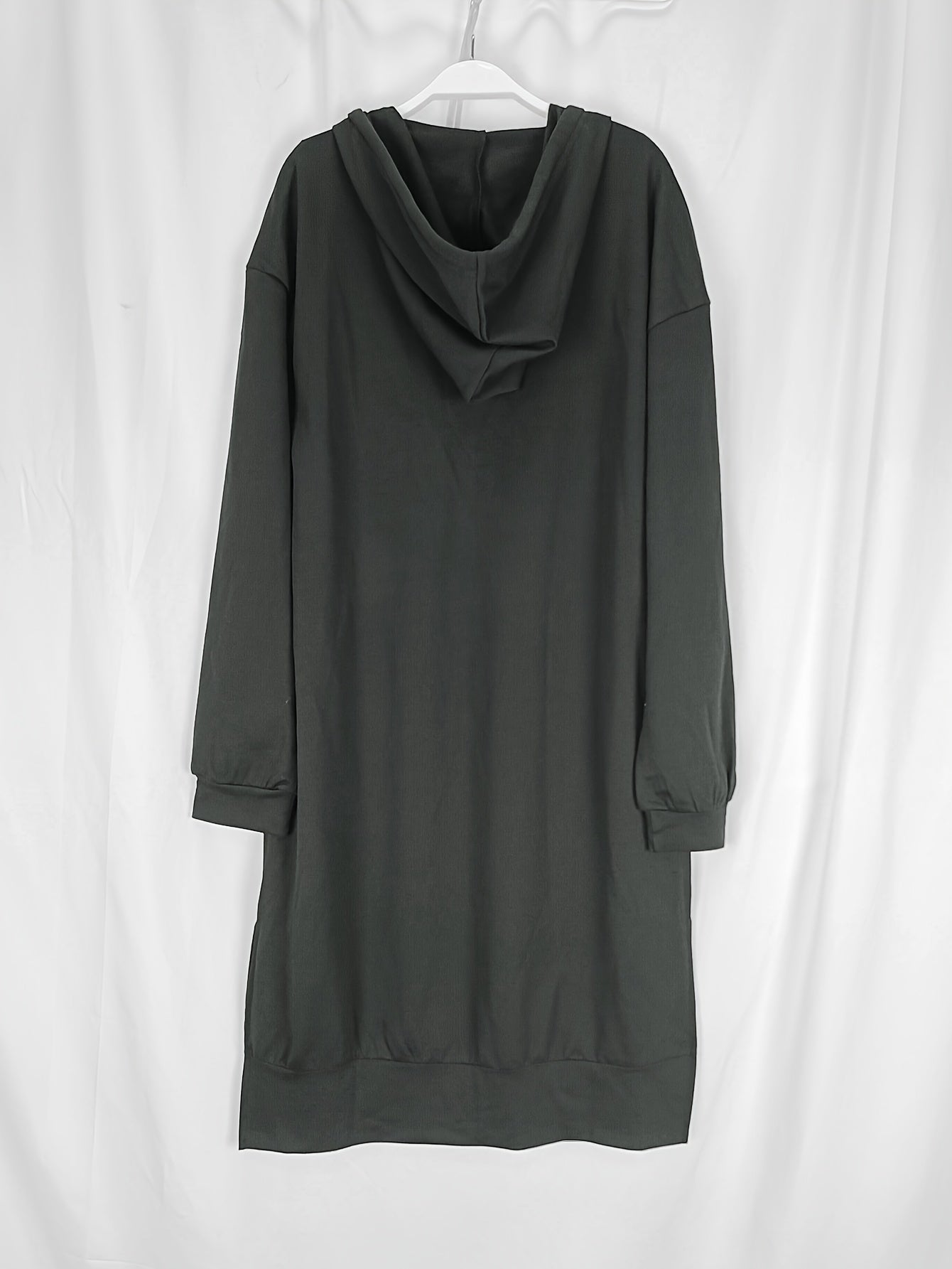 Solid Color Splited Hem Hooded Dress, Casual Long Sleeve Plunge Neck Dress For Fall & Wintern, Women's Clothing