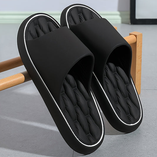 [Comfortable Slides] Comfortable Unisex EVA Slides | Non-Slip Indoor/Outdoor Slippers for Men and Women, Black with White Trim, Textured Sole for Enhanced Grip, Perfect for Home, Bathroom, or Casual Use, House Slippers