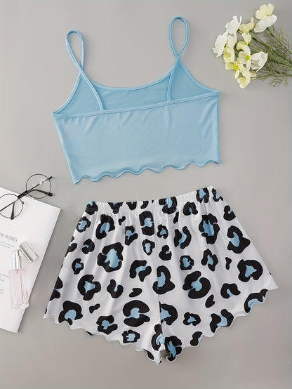 Sexy Leopard & Letter Print Pajama Set - Relaxed Fit, Round Neck, Backless Crop Cami Top, Shorts, Comfortable, Soft Fabric, Sleepwear for Women