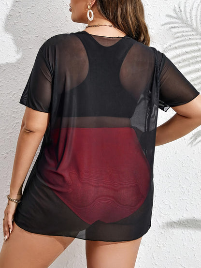 Plus Size Women's Tropical Print Bikini Set with Beach Cover-Up Dress - Stretchy, Comfortable 3pcs Swimsuit with Vibrant Palm Graphics, Includes Bra, High-Waisted Shorts & Tee for Vacation, High Waisted Bikini Set