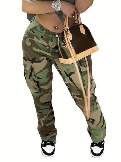 Fashionable High Waist Camouflage Cargo Jeans - Sleek Straight Fit with Medium Stretch & Stylish Flap Pockets - Trendy High Rise Denim Pants for Women