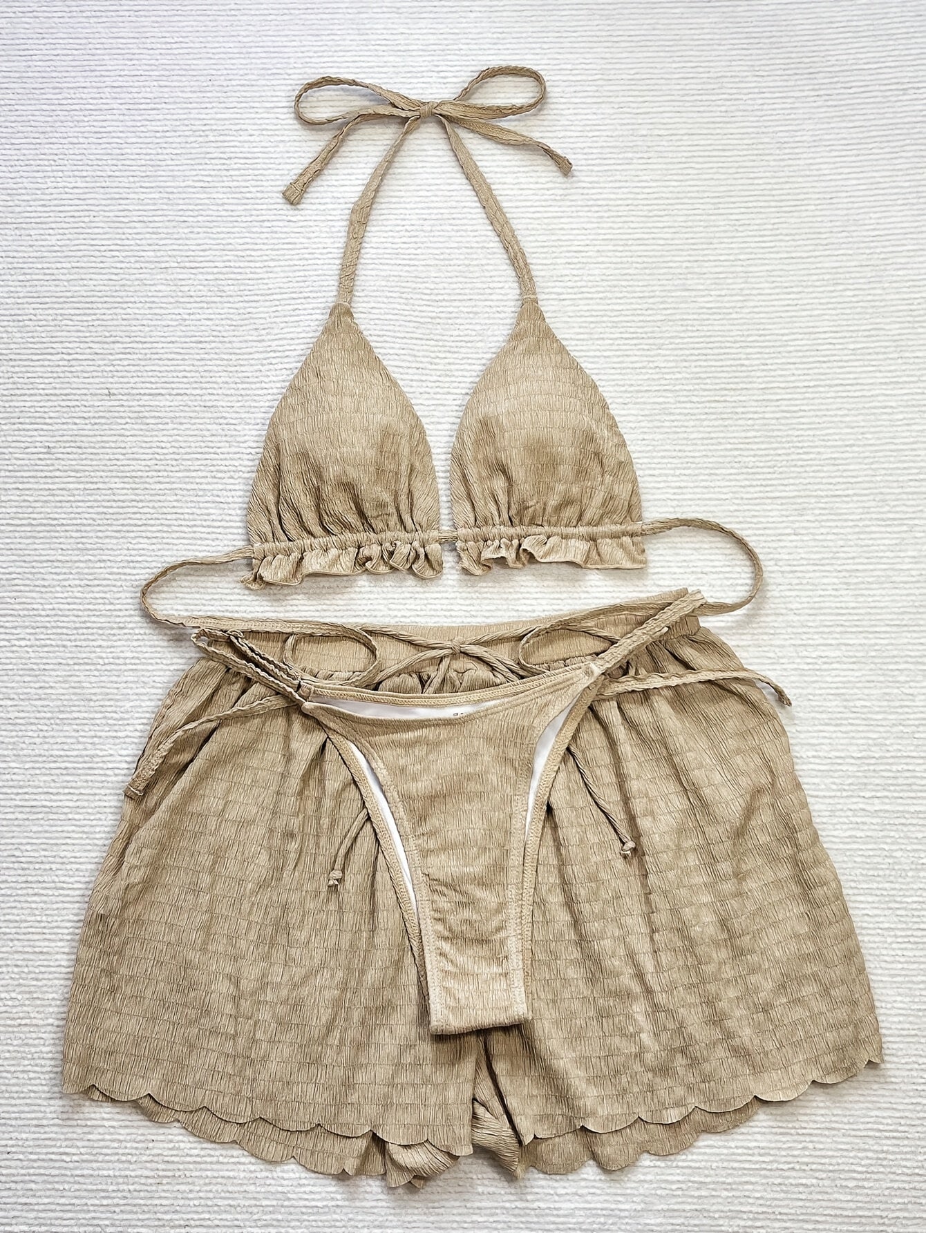 [Elegant | Beige] 3pcs Beige Elegant Bikini Set | High-Waisted Bottoms & Ruffled Halter Top | Includes Sheer Cover-Up Shorts - Women's Swimwear with Floral Embroidery
