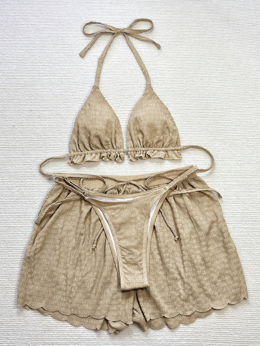 [Elegant | Beige] 3pcs Beige Elegant Bikini Set | High-Waisted Bottoms & Ruffled Halter Top | Includes Sheer Cover-Up Shorts - Women's Swimwear with Floral Embroidery