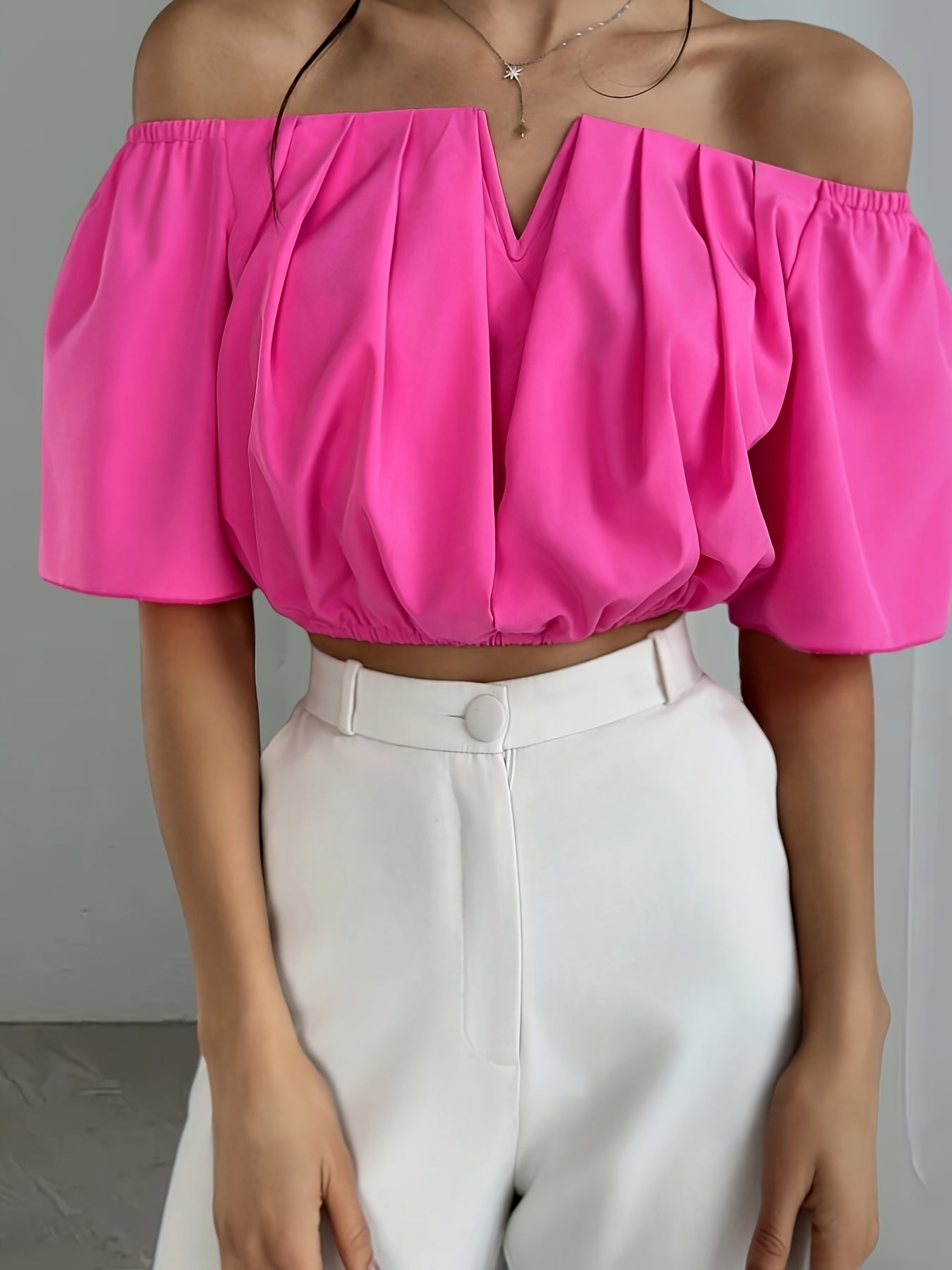Sexy Off-the-Shoulder Crop Top Blouse - Stylish Short Sleeve Polyester Solid Color Notch Neck Design for Spring and Summer - Womens Fashion Clothing for All Seasons