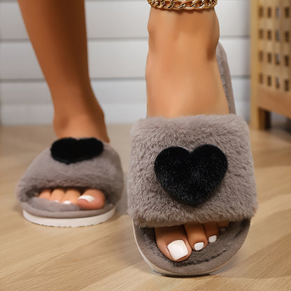 [Cute Slippers] Cozy Plush Women's Winter Slippers | Fleece-Lined Non-Slip EVA Sole with Heart Pattern, Black & Pink, Cute Slipresistant Footwear, Casual Slipon, Fleecelined Interior, 2024 New