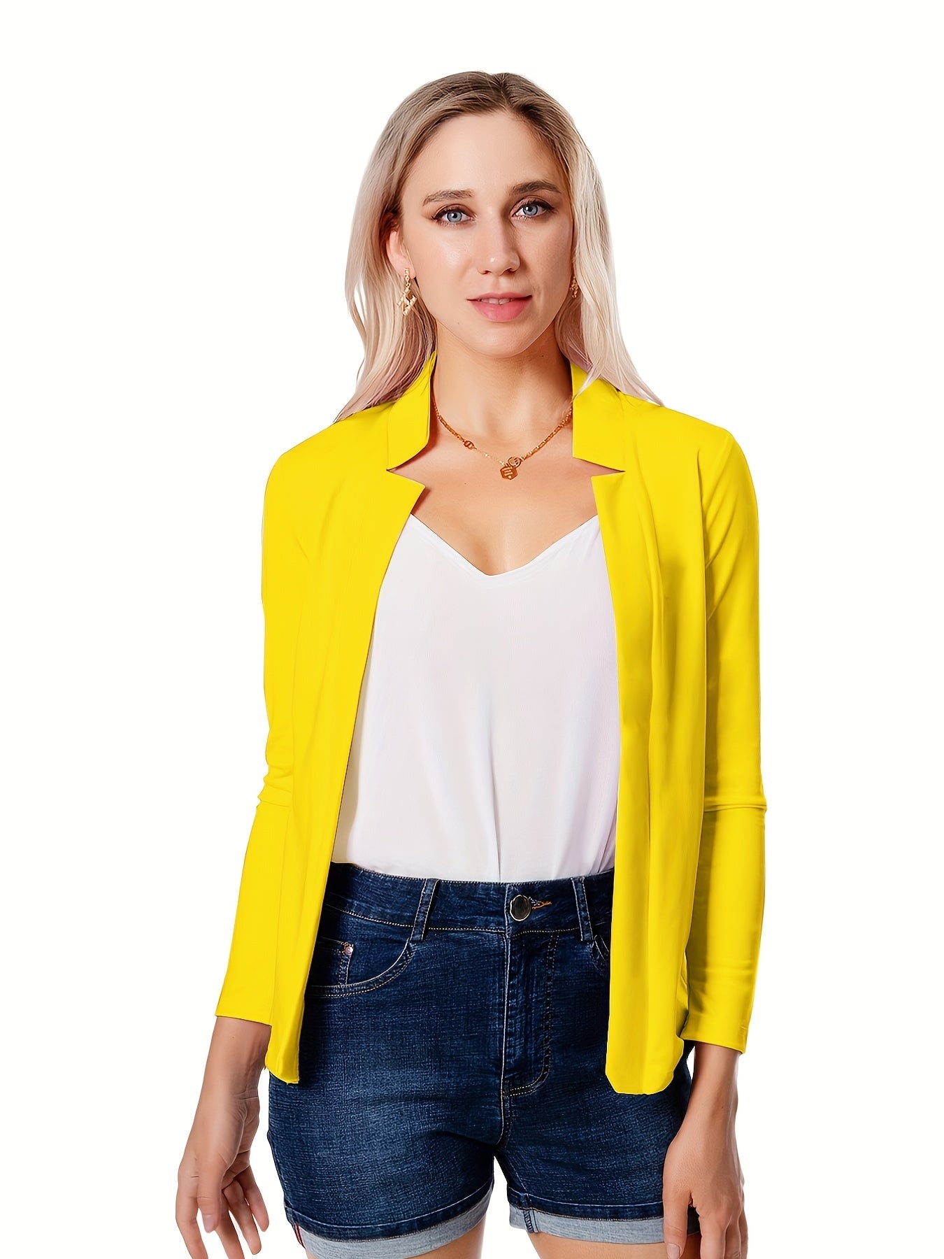 Solid Open Front Blazer, Casual Long Sleeve Blazer For Office & Work, Women's Clothing