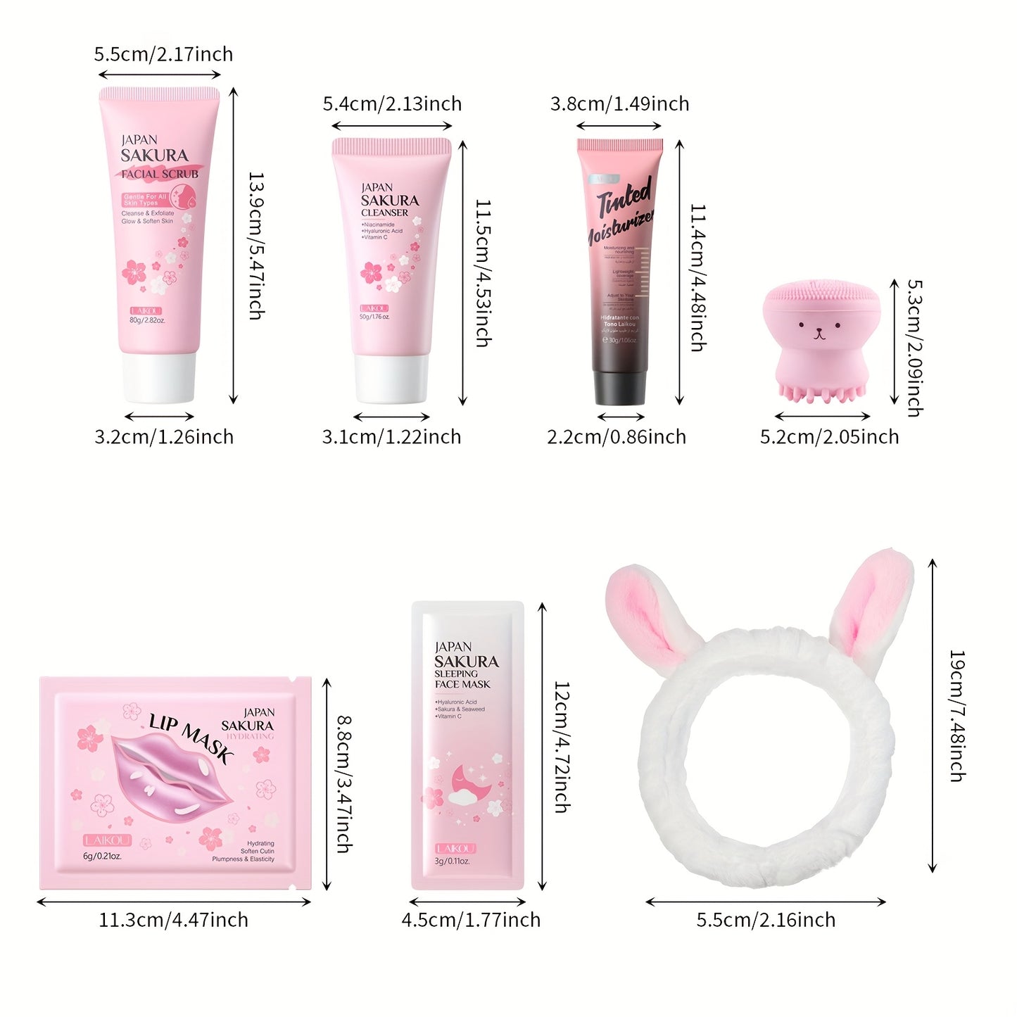 LAIKOU Sakura Facial Cleansing & Moisturizing 15pcs/Set, with 5pcs Sleeping Mask, 5pcs Lip Mask, 50g Facial Wash, 80g Facial Scrub, Cute Hairband & Cleansing Brush, Gently Clean Skin, Free Gift Of Aloe Vera Foundation, Full O