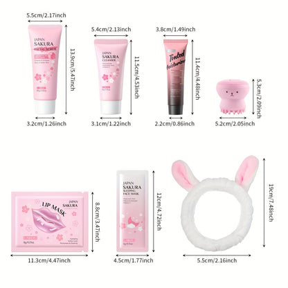 LAIKOU Sakura Facial Cleansing & Moisturizing 15pcs/Set, with 5pcs Sleeping Mask, 5pcs Lip Mask, 50g Facial Wash, 80g Facial Scrub, Cute Hairband & Cleansing Brush, Gently Clean Skin, Free Gift Of Aloe Vera Foundation, Full O