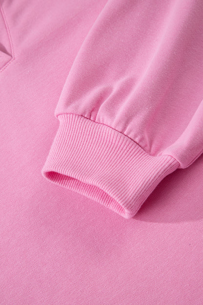 Bright Pink Polo Collar V Neck Pullover and Drawstring Sweatpants Set