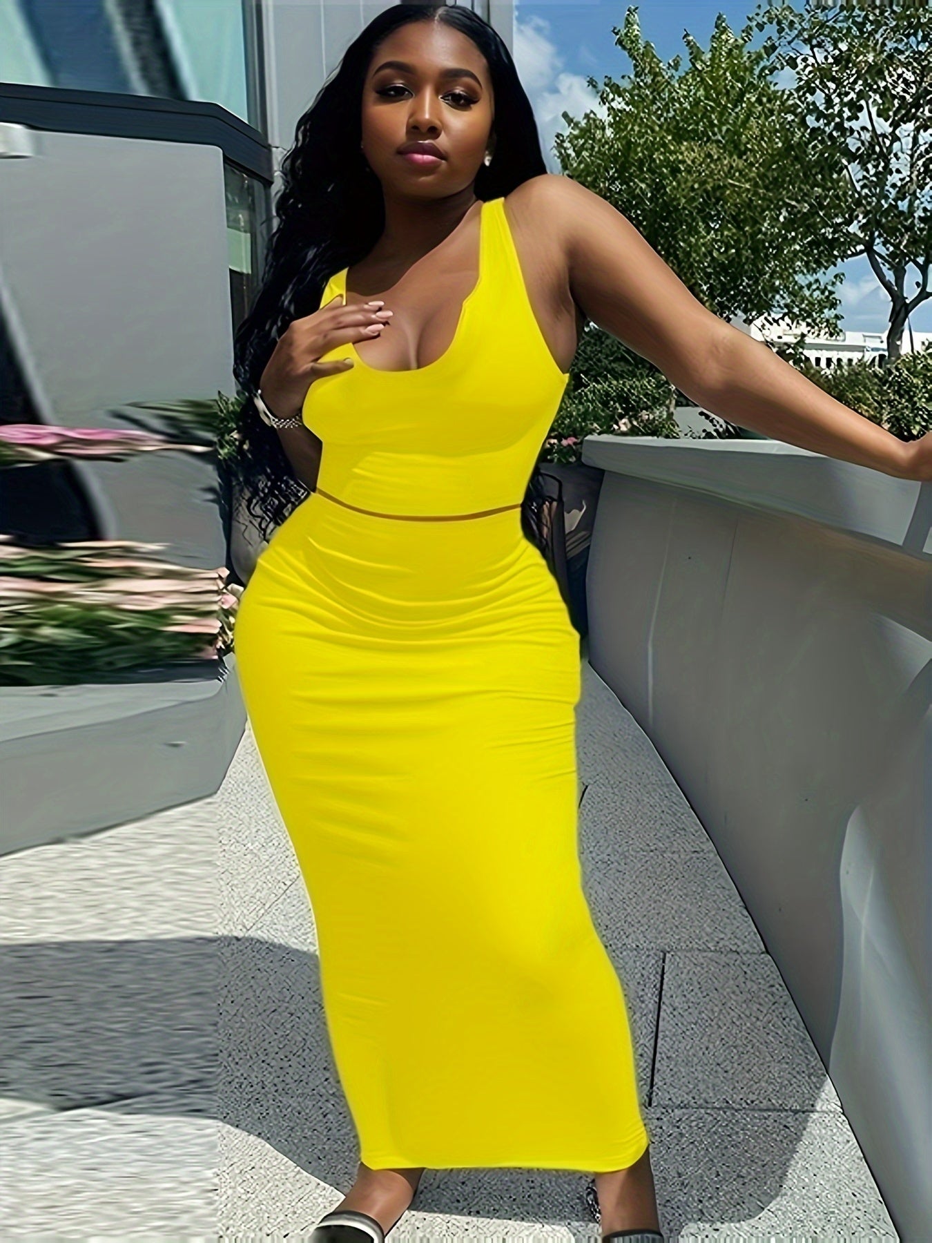 Trendy Two-Piece Set - Sexy Scoop Neck Sleeveless Tank Top & Flowy Bag Hip Maxi Skirt Outfit - Comfortable, Versatile, and Chic Women's Clothing for Everyday Wear