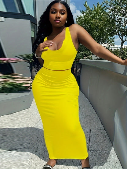 Trendy Two-Piece Set - Sexy Scoop Neck Sleeveless Tank Top & Flowy Bag Hip Maxi Skirt Outfit - Comfortable, Versatile, and Chic Women's Clothing for Everyday Wear