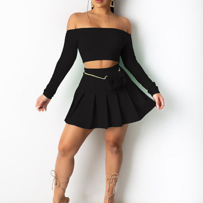 Solid Elegant Two-piece Set, Off Shoulder Long Sleeve Crop Top & Pleated Mini Skirt Outfits, Women's Clothing