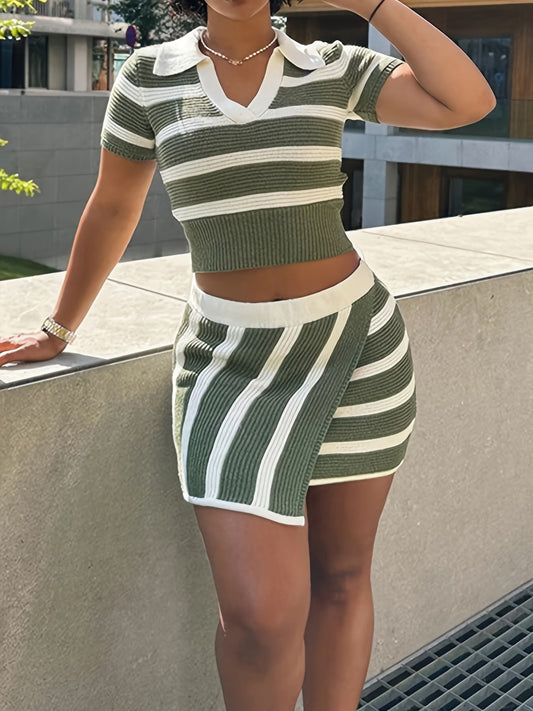 Casual Striped Pattern Knitted Skirt Set, Notched Collar Short Sleeve Crop Top & Asymmetrical Hem Bodycon Mini Skirt Outfits, Women's Clothing