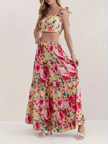 Vacation Style Floral Print Two-piece Set, Ruffle Trim Crop Top & High Waist Swing Skirt Outfits, Women's Clothing