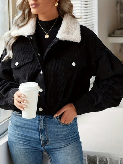 Button Front Fuzzy Lapel Jacket, Casual Long Sleeve Crop Jacket For Fall & Winter, Women's Clothing