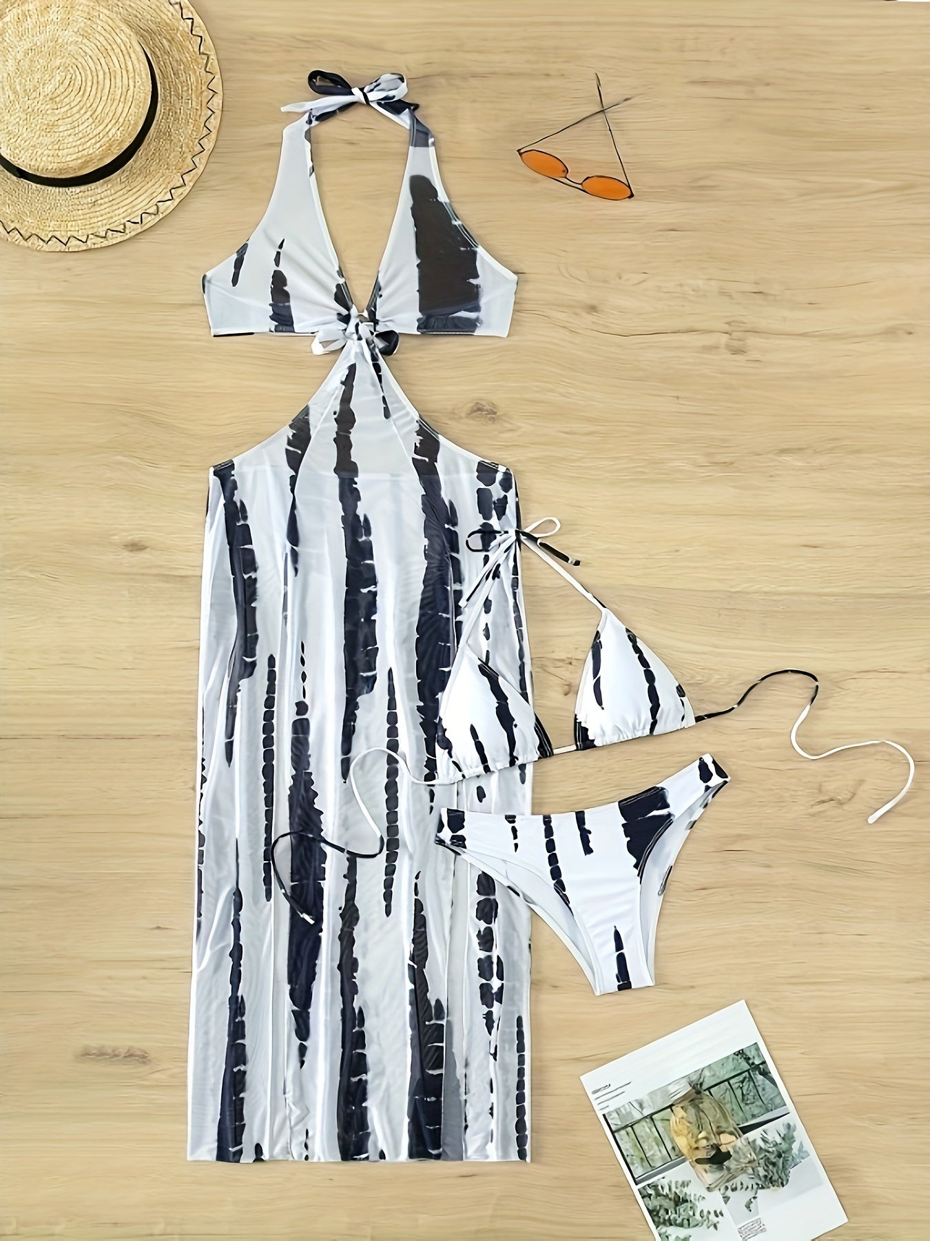 3 Piece Set Tie Dye Bikini - Halter Neck Triangle High Cut Swimsuit with Ring-Linked Mesh Cover-Up Dress - Women's Swimwear, Beachwear, and Vacation Clothing for Summer
