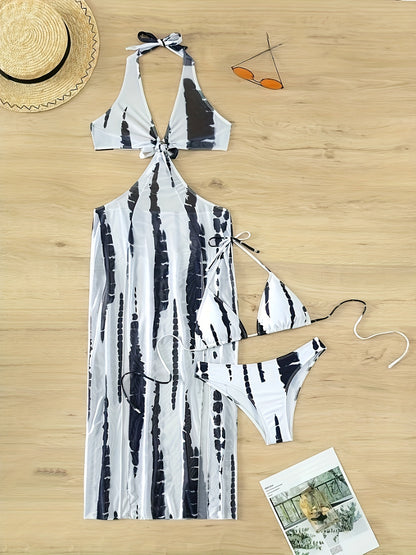 3 Piece Set Tie Dye Bikini - Halter Neck Triangle High Cut Swimsuit with Ring-Linked Mesh Cover-Up Dress - Women's Swimwear, Beachwear, and Vacation Clothing for Summer