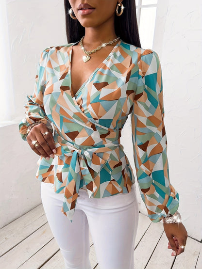 Geo Printed Belted Blouse, Elegant Long Sleeve V Neck Blouse For Spring, Women's Clothing