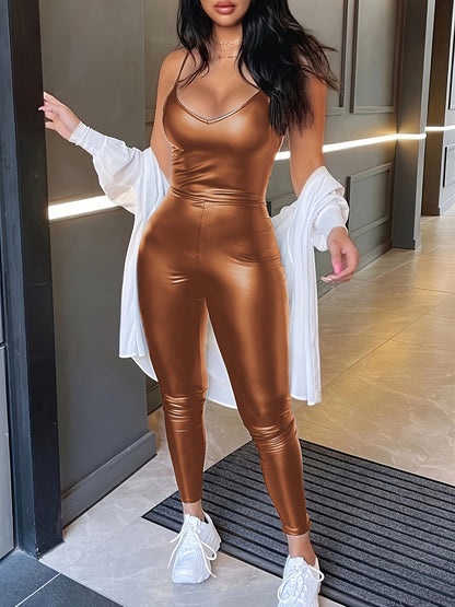 V Neck Cami Jumpsuit, Casual Sleeveless Slim Jumpsuit For Spring & Summer, Women's Clothing