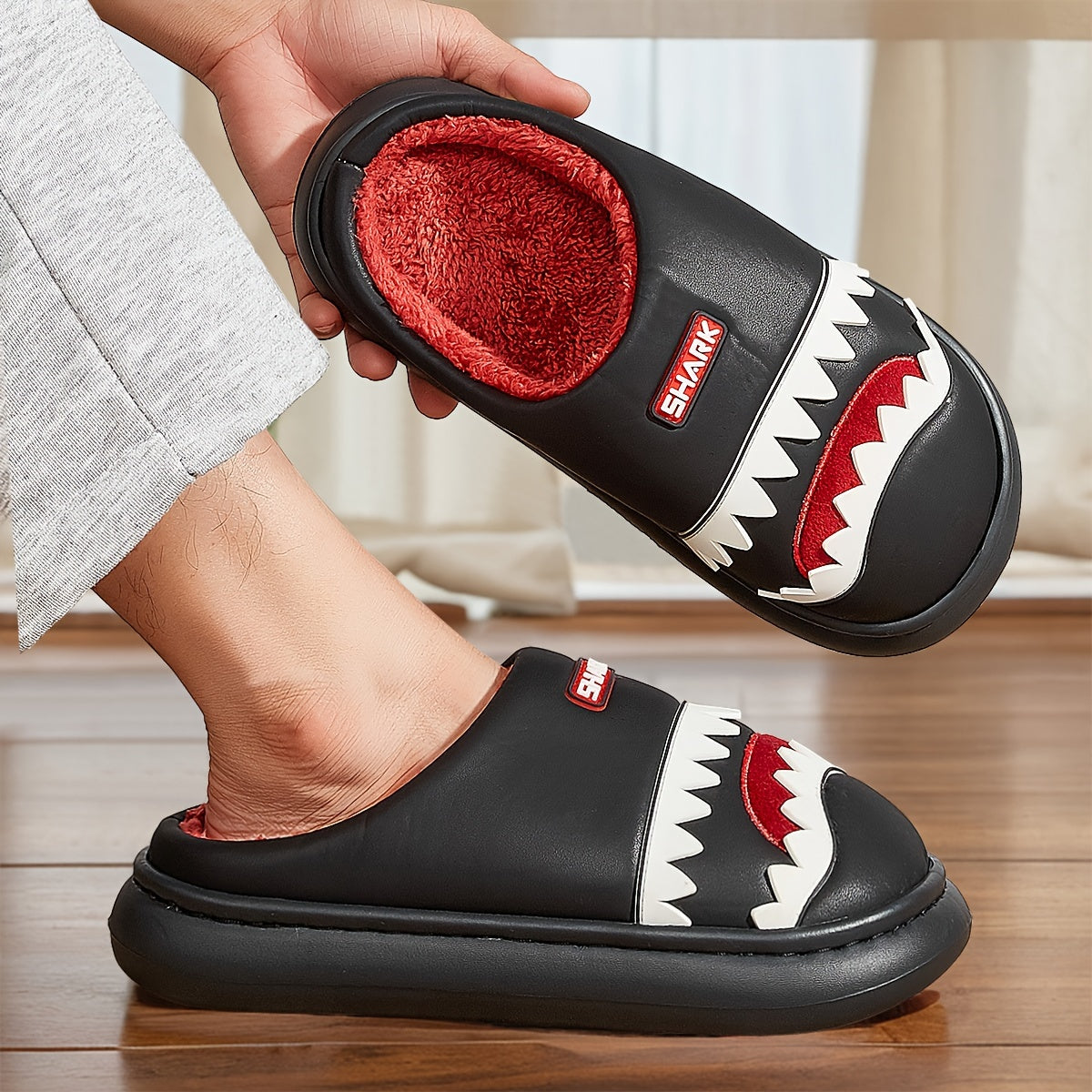Trendy Animal Shark House Slippers For Women, Warm Lightweight Non-Slip Slip-On Indoor Home Shoes, Closed-Toe Kawaii Slippers Winter